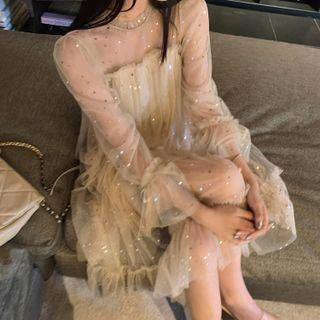 Long-sleeve Sequined Pleated Dress