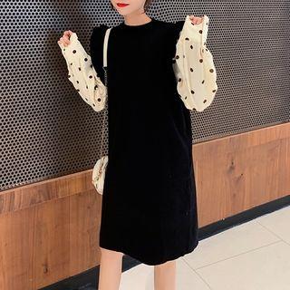 Set: Dotted Blouse + Ruffled Sleeveless Knit Dress