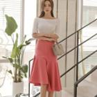 Set: Off-shoulder Elbow-sleeve Top + Asymmetric A-line Skirt