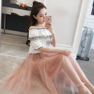 Set: Off Shoulder Short Sleeve Top + Midi Mesh Skirt