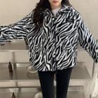 Zebra Print Zip-up Fleece Jacket Black & White - One Size