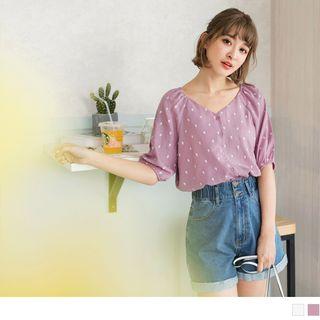 Puff Sleeve Rain Drop V-neck Top