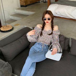 Long-sleeve Off-shoulder Shirred Floral Crop Top