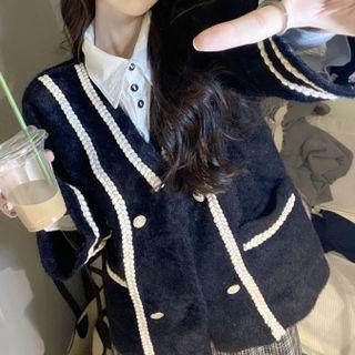 Woven Trim V-neck Cardigan