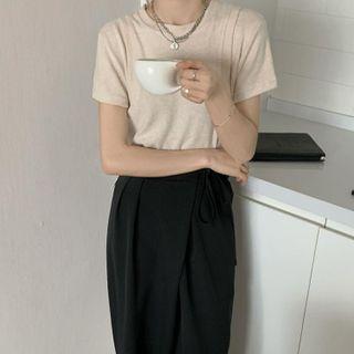 Short-sleeve Mock Two-piece Plain T-shirt Off White - One Size