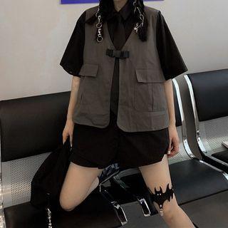 Detachable Sleeve Plain Shirt / Snap Bucket Cargo Vest