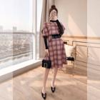 Set: Long-sleeve T-shirt + Plaid Cape + A-line Skirt