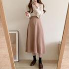 Long-sleeve Frill Trim Blouse / Midi A-line Skirt
