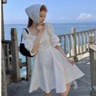 Elbow-sleeve Scoop-neck Mini A-line Dress White - One Size