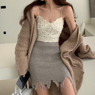 Lace Camisole Top / Cardigan / Frayed Knit Mini Pencil Skirt