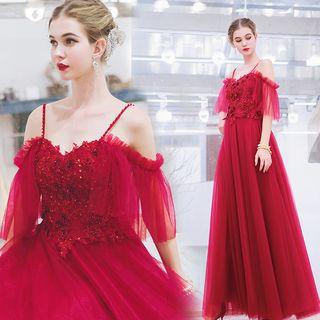 Elbow-sleeve Cold Shoulder Lace Paneled A-line Evening Gown