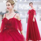 Elbow-sleeve Cold Shoulder Lace Paneled A-line Evening Gown