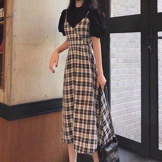 Set: Puff-sleeve Top + Spaghetti Strap Plaid Midi A-line Dress
