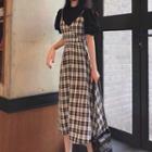 Set: Puff-sleeve Top + Spaghetti Strap Plaid Midi A-line Dress