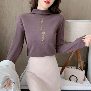 Long-sleeve Lettering Embellished Mock-neck Top