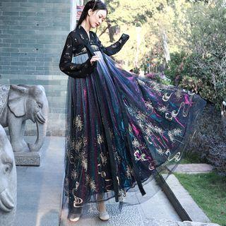 Gradient Printed Long-sleeve Maxi A-line Hanfu Dress