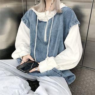 Front Pocket Denim Panel Hooded Top