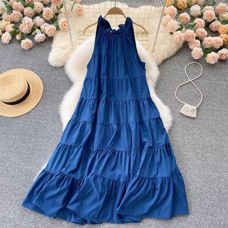Plain Ruched Sleeveless Dress Blue - One Size