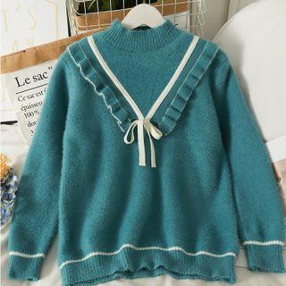 Ribbon-accent Ruffle-trim Loose Sweater In 5 Colors