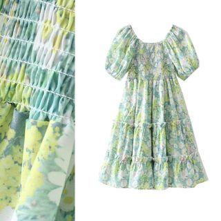 Smocked Floral Print Short Sleeve A-line Dress