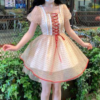 Puff-sleeve Dotted Lace Up Mini A-line Dress