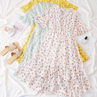 Asymmetric-hem Printed Chiffon V-neck Dress