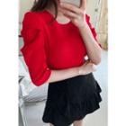 Shirred Puff-sleeve Knit Top