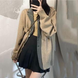 Long-sleeve Mock Two-piece Panel Cardigan Khaki - One Size