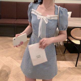 Short-sleeve Bow Gingham Check Dress