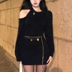Cold-shoulder Knit Mini Bodycon Dress Black - One Size