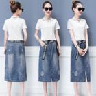 Set: Cut Out Short-sleeve T-shirt + Midi Denim Skirt