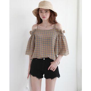 Off-shoulder Bell-sleeve Plaid Top
