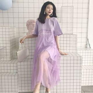 Short-sleeve Lettering Mesh Overlay T-shirt Dress