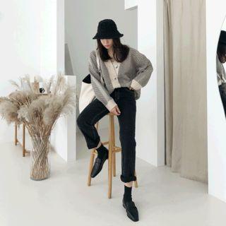 V-neck Herringbone Cardigan Black - One Size