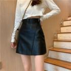 High-waist Faux Leather Plain Zip A-line Mini Skirt