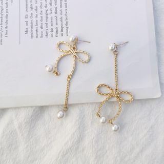 Non-matching Faux Pearl Bow Drop Earring / Clip-on Earring