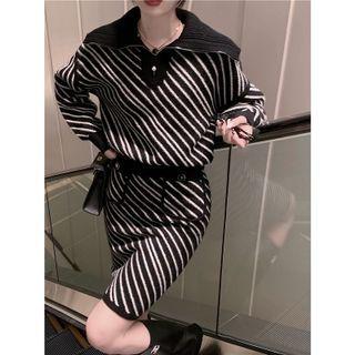 Striped Half-zip Sweater / Knit Pencil Skirt
