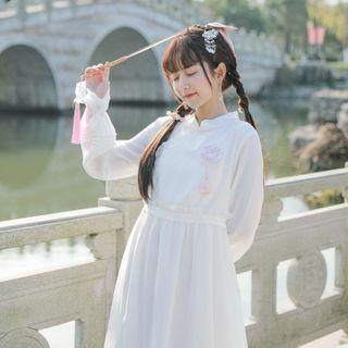 Flower Embroidered Long-sleeve A-line Chiffon Dress