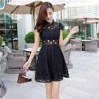 Lace Short Sleeve Band Collar A-line Dress