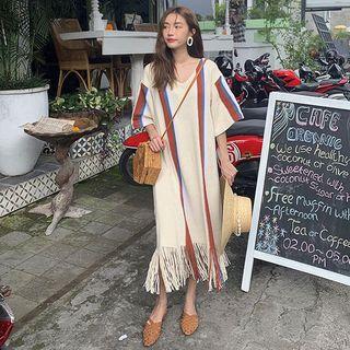 Striped Elbow-sleeve Fringe Midi Dress