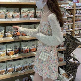 Floral Ruffle Mini Dress / Plain Cardigan