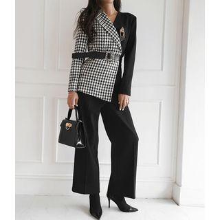 Houndstooth-panel Mock Two-piece Jumpsuit With Belt