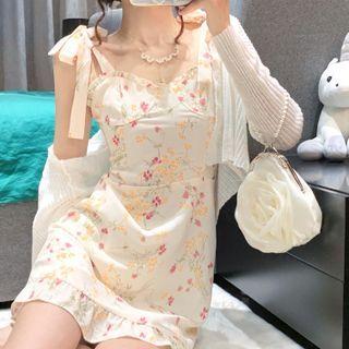 Spaghetti-strap Floral Print Mini Dress / Cardigan