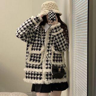 Fray Hem Houndstooth Cardigan Black & White - One Size