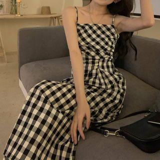 Spaghetti Strap Gingham Check Midi A-line Dress Gingham - Black & White - One Size