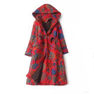 Tree Print Hooded Midi Button Coat