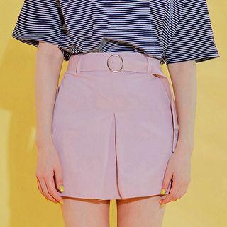 Pleated-front Mini Skirt With Embroidered Belt