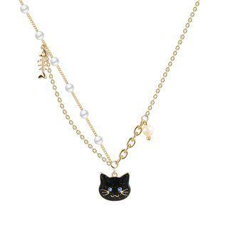Cat Pendant Faux Pearl Alloy Necklace