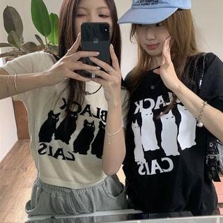 Short Sleeve Cat Printed Knit Crop Top