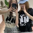 Short Sleeve Cat Printed Knit Crop Top
